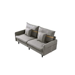 3-seat Mid-Century Leather Fabric Tufted Loveseat with Side Storage Pocket Solid Wood Frame Sofa 2 Pillows Included Grey Classic