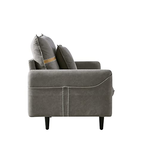 3-seat Mid-Century Leather Fabric Tufted Loveseat with Side Storage Pocket Solid Wood Frame Sofa 2 Pillows Included Grey Classic