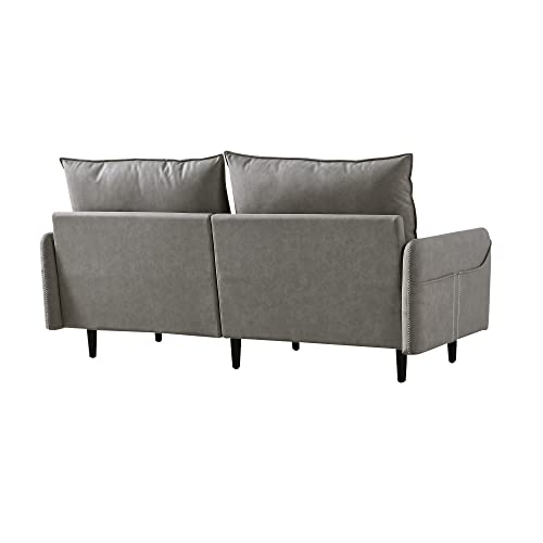 3-seat Mid-Century Leather Fabric Tufted Loveseat with Side Storage Pocket Solid Wood Frame Sofa 2 Pillows Included Grey Classic