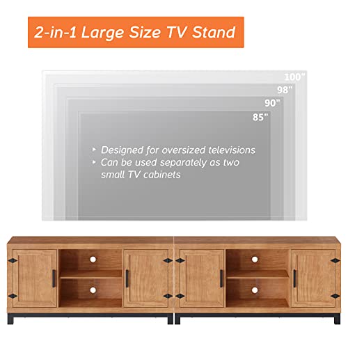 Modern Farmhouse Barn Door TV Stand for 100 inch TV Entertainment Center, Wood TV Media Console Table Cabinet for 80 85 90 with Adjustable Shelf and Metal Legs for Living Room Bedroom, Oak