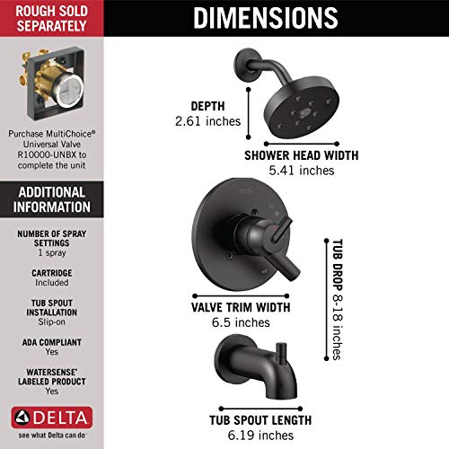 Delta Faucet Trinsic 17 Series Dual-Function Tub and Shower Trim Kit, Shower Faucet, Single-Spray H2Okinetic Shower Head, Matte Black T17459-BL (Valve Not Included)