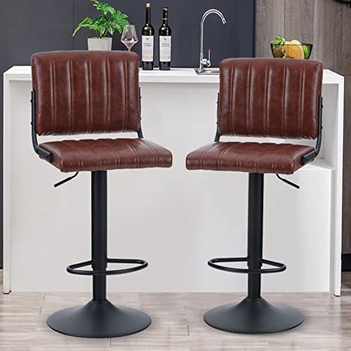 ALPHA HOME Bar Stools Set of 2 PU Leather Bar Chairs with Back Adjustable Kitchen Height Stools Pub Bistro Bar Counter Height Stools Modern Square Seat Chairs 360°Swivel Stools 300lbs Capacity Brown