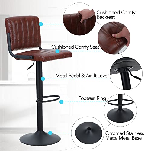 ALPHA HOME Bar Stools Set of 2 PU Leather Bar Chairs with Back Adjustable Kitchen Height Stools Pub Bistro Bar Counter Height Stools Modern Square Seat Chairs 360°Swivel Stools 300lbs Capacity Brown