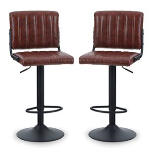 ALPHA HOME Bar Stools Set of 2 PU Leather Bar Chairs with Back Adjustable Kitchen Height Stools Pub Bistro Bar Counter Height Stools Modern Square Seat Chairs 360°Swivel Stools 300lbs Capacity Brown