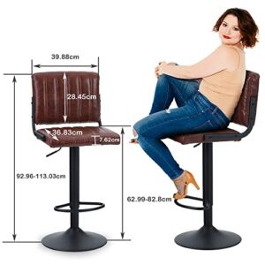 ALPHA HOME Bar Stools Set of 2 PU Leather Bar Chairs with Back Adjustable Kitchen Height Stools Pub Bistro Bar Counter Height Stools Modern Square Seat Chairs 360°Swivel Stools 300lbs Capacity Brown