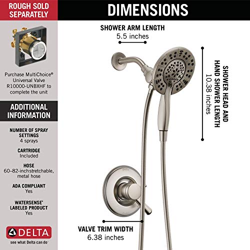 Delta Faucet Linden 17 Series Dual-Function Shower Faucet, Shower Trim Kit with 4-Spray In2ition 2-in-1 Dual Hand Held Shower Head with Hose, Stainless T17293-SS-I (Valve Not Included)