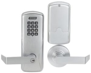 schlage – co100cy70kprho626 schlage co series class 100 offline electronic lock, cylindrical chassis, classroom/storeroom function, keypad, rhodes lever, satin chrome finish (co-100 cy70 kp rho 626)