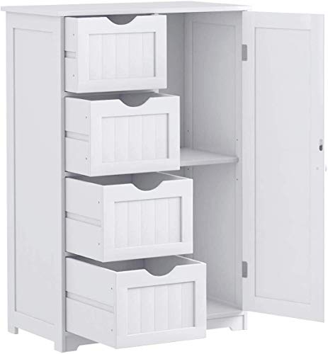 Giantex Bathroom Floor Cabinet Wooden with 1 Door & 4 Drawer, Free Standing Wooden Entryway Cupboard Spacesaver Cabinet, White