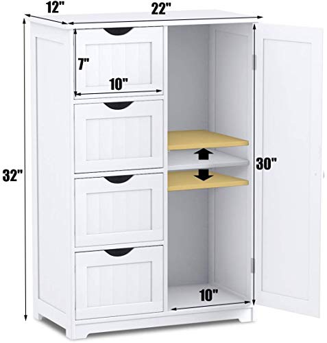 Giantex Bathroom Floor Cabinet Wooden with 1 Door & 4 Drawer, Free Standing Wooden Entryway Cupboard Spacesaver Cabinet, White