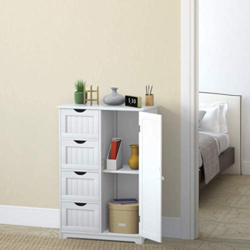 Giantex Bathroom Floor Cabinet Wooden with 1 Door & 4 Drawer, Free Standing Wooden Entryway Cupboard Spacesaver Cabinet, White