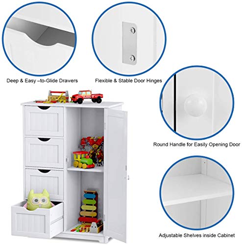 Giantex Bathroom Floor Cabinet Wooden with 1 Door & 4 Drawer, Free Standing Wooden Entryway Cupboard Spacesaver Cabinet, White