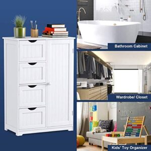 Giantex Bathroom Floor Cabinet Wooden with 1 Door & 4 Drawer, Free Standing Wooden Entryway Cupboard Spacesaver Cabinet, White