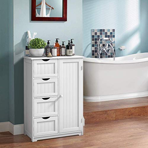 Giantex Bathroom Floor Cabinet Wooden with 1 Door & 4 Drawer, Free Standing Wooden Entryway Cupboard Spacesaver Cabinet, White