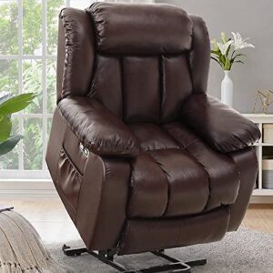 harkawon dual motor recliner chair for adults, genuine leather lay flat sleeping power lift chair for elderly, power lift chairs, with massage and heating (brown)