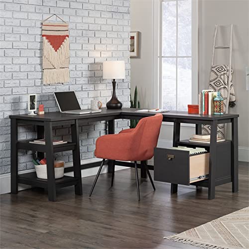 Sauder Trestle L-Shaped Trestle Desk in Raven Oak, Raven Oak Finish