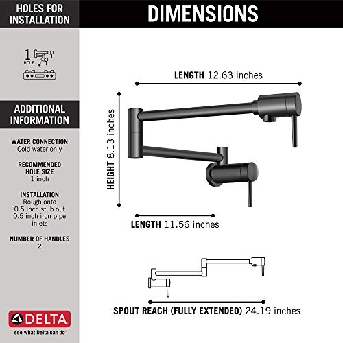 Delta Faucet Contemporary Matte Black Pot Filler Faucet Black, Pot Filler Black, Delta Pot Filler, Pot Filler Faucet Wall Mount, Potfiller, Brass Construction, Matte Black 1165LF-BL