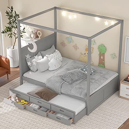 Harper & Bright Designs Queen Canopy Bed with Trundle and Three Storage Drawers, Solid Wood 4-Post Canopy Platform Bed Frame with Headboard and Slat Support, No Box Spring Needed (Queen Size, Gray)