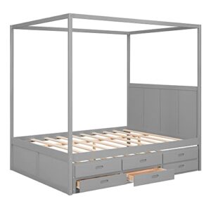 Harper & Bright Designs Queen Canopy Bed with Trundle and Three Storage Drawers, Solid Wood 4-Post Canopy Platform Bed Frame with Headboard and Slat Support, No Box Spring Needed (Queen Size, Gray)