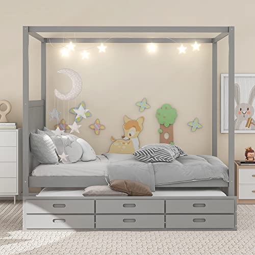 Harper & Bright Designs Queen Canopy Bed with Trundle and Three Storage Drawers, Solid Wood 4-Post Canopy Platform Bed Frame with Headboard and Slat Support, No Box Spring Needed (Queen Size, Gray)