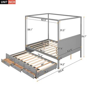 Harper & Bright Designs Queen Canopy Bed with Trundle and Three Storage Drawers, Solid Wood 4-Post Canopy Platform Bed Frame with Headboard and Slat Support, No Box Spring Needed (Queen Size, Gray)