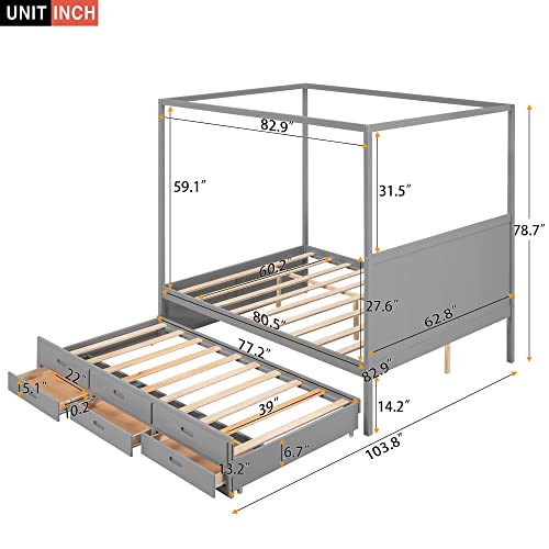 Harper & Bright Designs Queen Canopy Bed with Trundle and Three Storage Drawers, Solid Wood 4-Post Canopy Platform Bed Frame with Headboard and Slat Support, No Box Spring Needed (Queen Size, Gray)