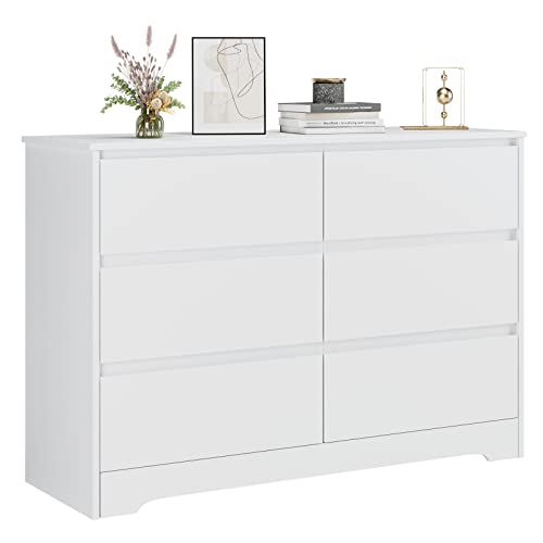 FOTOSOK 6 Drawer Double Dresser, White Dresser for Bedroom, Modern 6 Chest of Drawers with Deep Drawers, Wide Storage Organizer Cabinet for Living Room Home