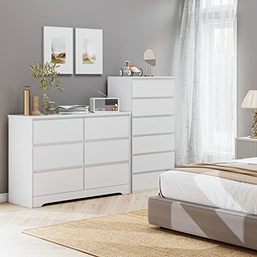 FOTOSOK 6 Drawer Double Dresser, White Dresser for Bedroom, Modern 6 Chest of Drawers with Deep Drawers, Wide Storage Organizer Cabinet for Living Room Home