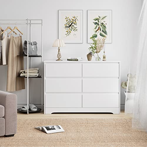 FOTOSOK 6 Drawer Double Dresser, White Dresser for Bedroom, Modern 6 Chest of Drawers with Deep Drawers, Wide Storage Organizer Cabinet for Living Room Home