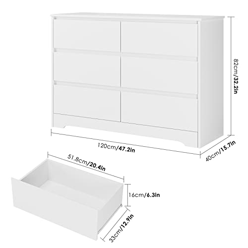 FOTOSOK 6 Drawer Double Dresser, White Dresser for Bedroom, Modern 6 Chest of Drawers with Deep Drawers, Wide Storage Organizer Cabinet for Living Room Home