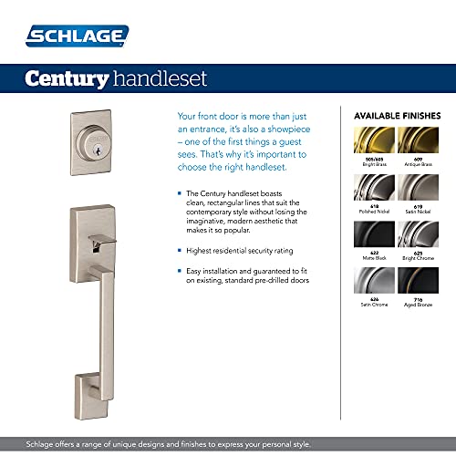 Schlage F60 V CEN 619 LAT Century Front Entry Handleset with Latitude Lever, Deadbolt Keyed 1 Side, Satin Nickel