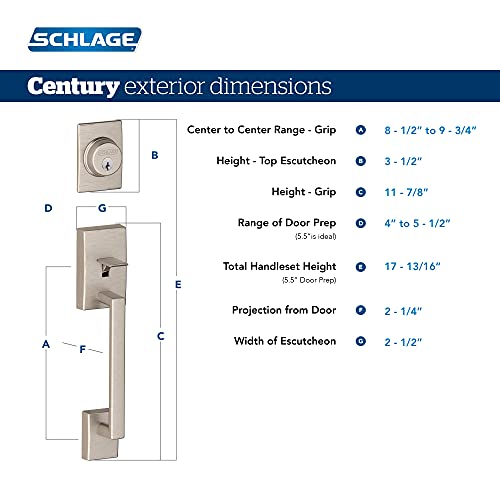 Schlage F60 V CEN 619 LAT Century Front Entry Handleset with Latitude Lever, Deadbolt Keyed 1 Side, Satin Nickel