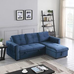 morden fort velvet reversible sleeper sectional sofa l-shape 3 seat sectional couch with storage (blue)