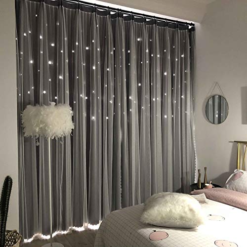 Unistar 2 Panels Stars Blackout Curtains for Bedroom Girls Kids Baby Window Curtain Double Layer Star Cut Out Aesthetic Living Room Decor Wall Home Decorations Curtain,W52 x L95 Inches,Grey