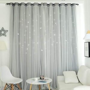 Unistar 2 Panels Stars Blackout Curtains for Bedroom Girls Kids Baby Window Curtain Double Layer Star Cut Out Aesthetic Living Room Decor Wall Home Decorations Curtain,W52 x L95 Inches,Grey