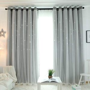 Unistar 2 Panels Stars Blackout Curtains for Bedroom Girls Kids Baby Window Curtain Double Layer Star Cut Out Aesthetic Living Room Decor Wall Home Decorations Curtain,W52 x L95 Inches,Grey