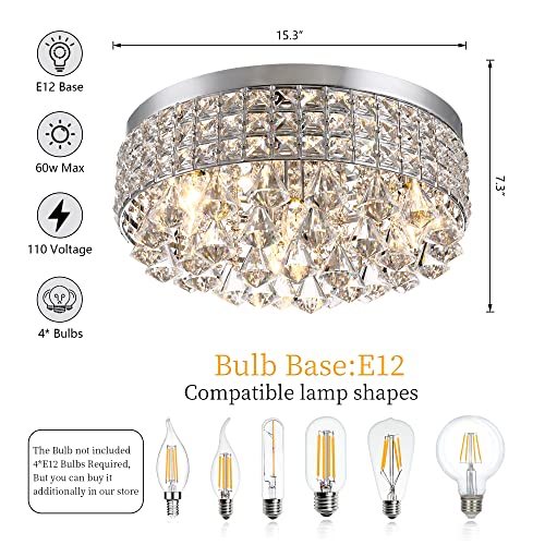 Maxax 4 Lights Crystal Chandelier, Modern Drum Ceiling Light Fixture Lamp, Raindrop Flush Mount Round Metal Shade, for Dining Room, Living Room, Bathroom, Bedroom, Chrome