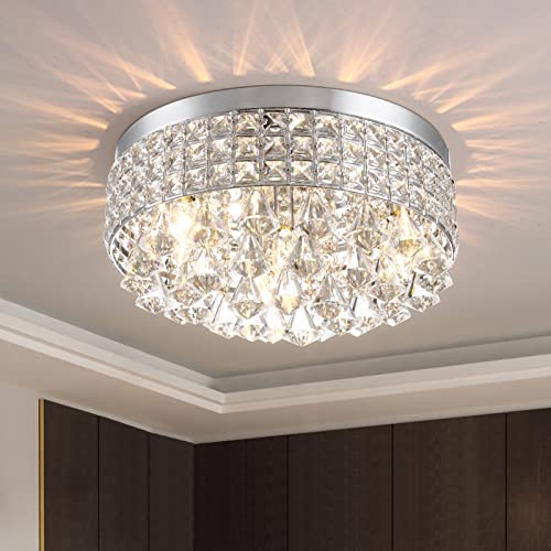 Maxax 4 Lights Crystal Chandelier, Modern Drum Ceiling Light Fixture Lamp, Raindrop Flush Mount Round Metal Shade, for Dining Room, Living Room, Bathroom, Bedroom, Chrome