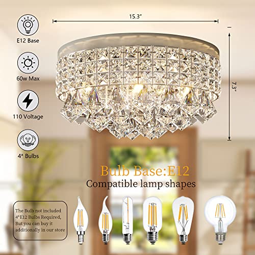 Maxax 4 Lights Crystal Chandelier, Modern Drum Ceiling Light Fixture Lamp, Raindrop Flush Mount Round Metal Shade, for Dining Room, Living Room, Bathroom, Bedroom, Chrome