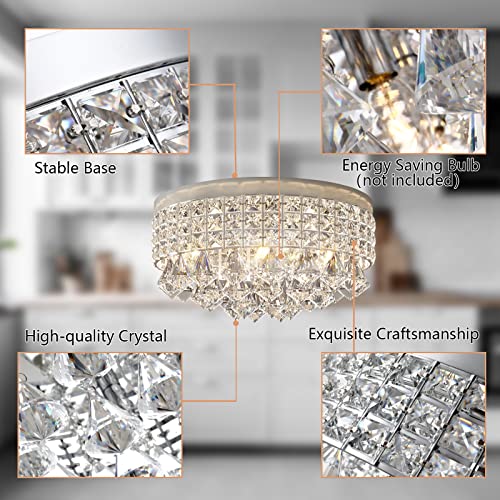 Maxax 4 Lights Crystal Chandelier, Modern Drum Ceiling Light Fixture Lamp, Raindrop Flush Mount Round Metal Shade, for Dining Room, Living Room, Bathroom, Bedroom, Chrome