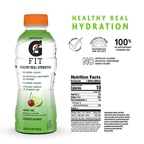 Gatorade Fit Electrolyte Beverage, Healthy Real Hydration, Cherry Lime, 16.9 Fl Oz (Pack of 12)