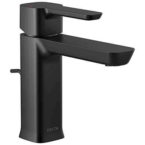 Delta Faucet Modern Matte Black Bathroom Faucet Single Hole, Matte Black Single Hole Bathroom Faucet, Bathroom Sink Faucet, Black Vanity Faucet, Drain Assembly, Matte Black 581LF-BLGPM-PP