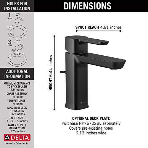 Delta Faucet Modern Matte Black Bathroom Faucet Single Hole, Matte Black Single Hole Bathroom Faucet, Bathroom Sink Faucet, Black Vanity Faucet, Drain Assembly, Matte Black 581LF-BLGPM-PP