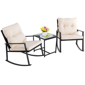 walsunny 3 pieces patio set outdoor wicker patio furniture sets modern rocking bistro set rattan chair conversation sets with coffee table(beige)
