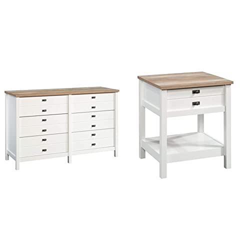 Sauder Cottage Road Dresser, L: 56.77" x W: 19.29" x H: 35.35", Soft White Finish & Sauder Cottage Road Night Stand, Soft White Finish