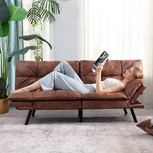 Opoiar Leather Futon Sofa Bed,Convertible Memory Foam Couch Bed,Futon Sets Daybed with Mattress Included,Folding Modern Sleeper Sofa Love seat for RV Car Living Room&Bedroom Small Space,Brown