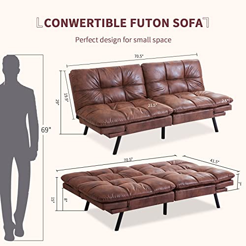 Opoiar Leather Futon Sofa Bed,Convertible Memory Foam Couch Bed,Futon Sets Daybed with Mattress Included,Folding Modern Sleeper Sofa Love seat for RV Car Living Room&Bedroom Small Space,Brown