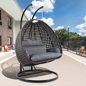 leisuremod 2 person hanging double swing chair, x-large wicker rattan egg chair with stand and cushion for indoor outdoor patio garden (charcoal blue)