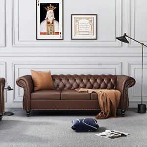 oncin chesterfield sofa leather for living room, 3 seater sofa tufted couch faux leather with rolled arms and nailhead for living room, bedroom, office, apartment (dark brown)