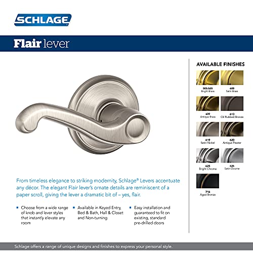 Schlage F40 V FLA 609 Flair Door Lever, Bed & Bath Privacy Lock, Antique Brass