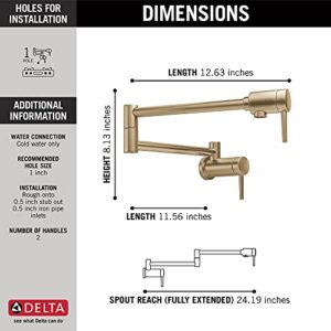 Delta Faucet Contemporary Brushed Gold Pot Filler Faucet, Delta Pot Filler Gold, Pot Filler Faucet Wall Mount, Potfiller, Brass Construction, Champagne Bronze 1165LF-CZ